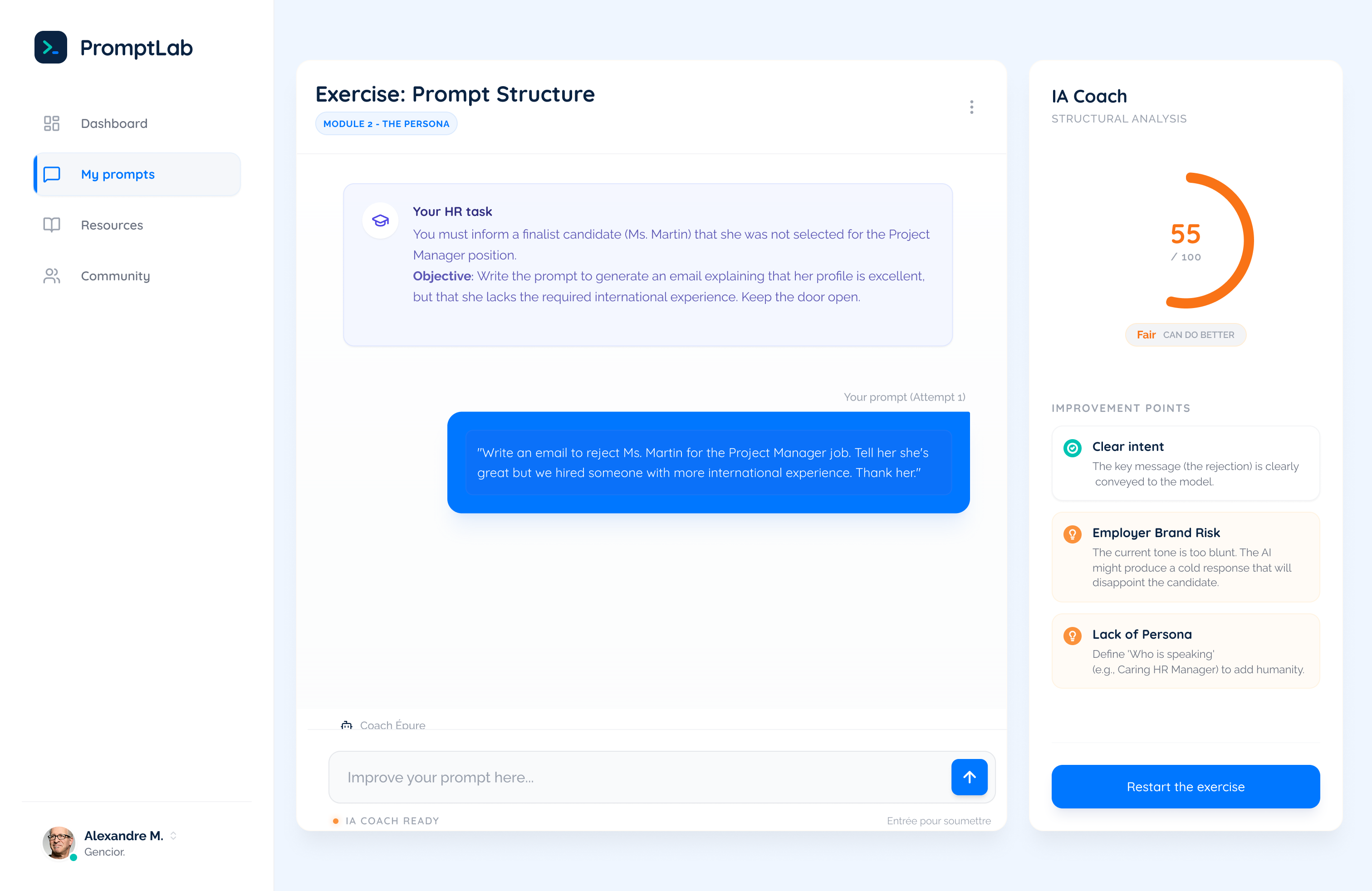 Interface PromptLab - Entraînement aux prompts métier Interface PromptLab - Entraînement aux prompts métier
