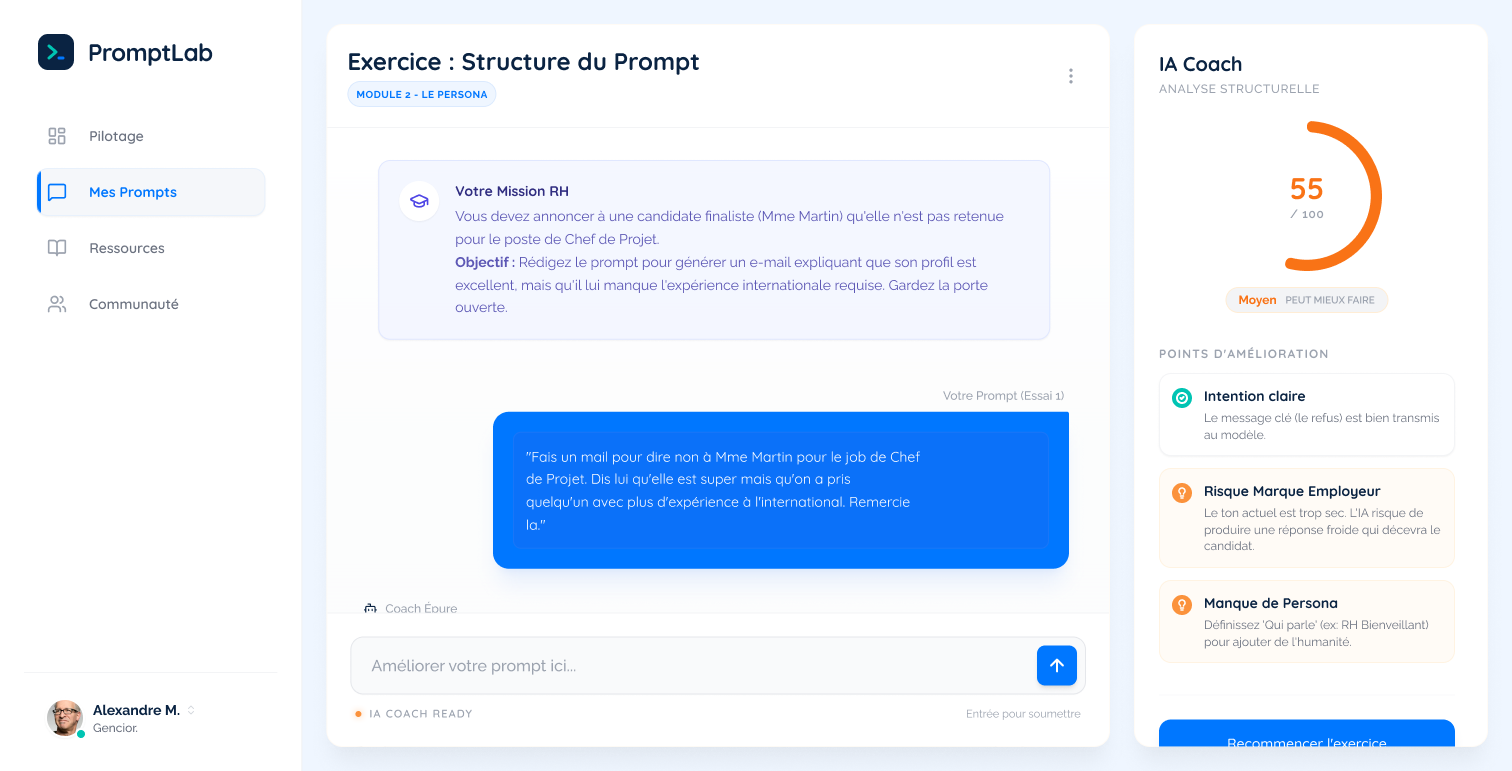 Interface PromptLab - Entraînement aux prompts métier Interface PromptLab - Entraînement aux prompts métier